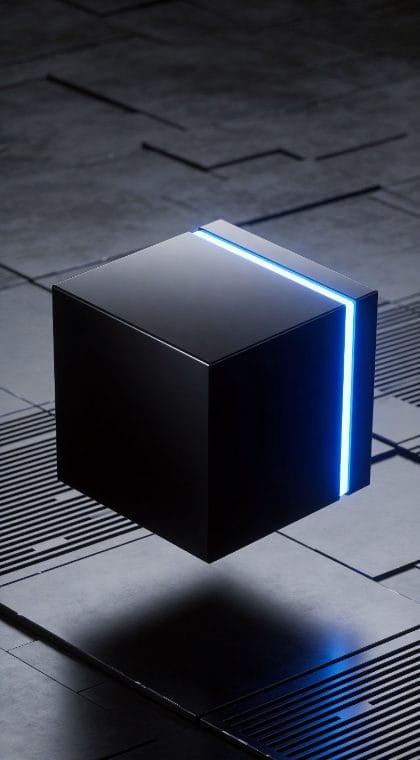 Floating Black Cube Blue Neon 4K Wallpaper