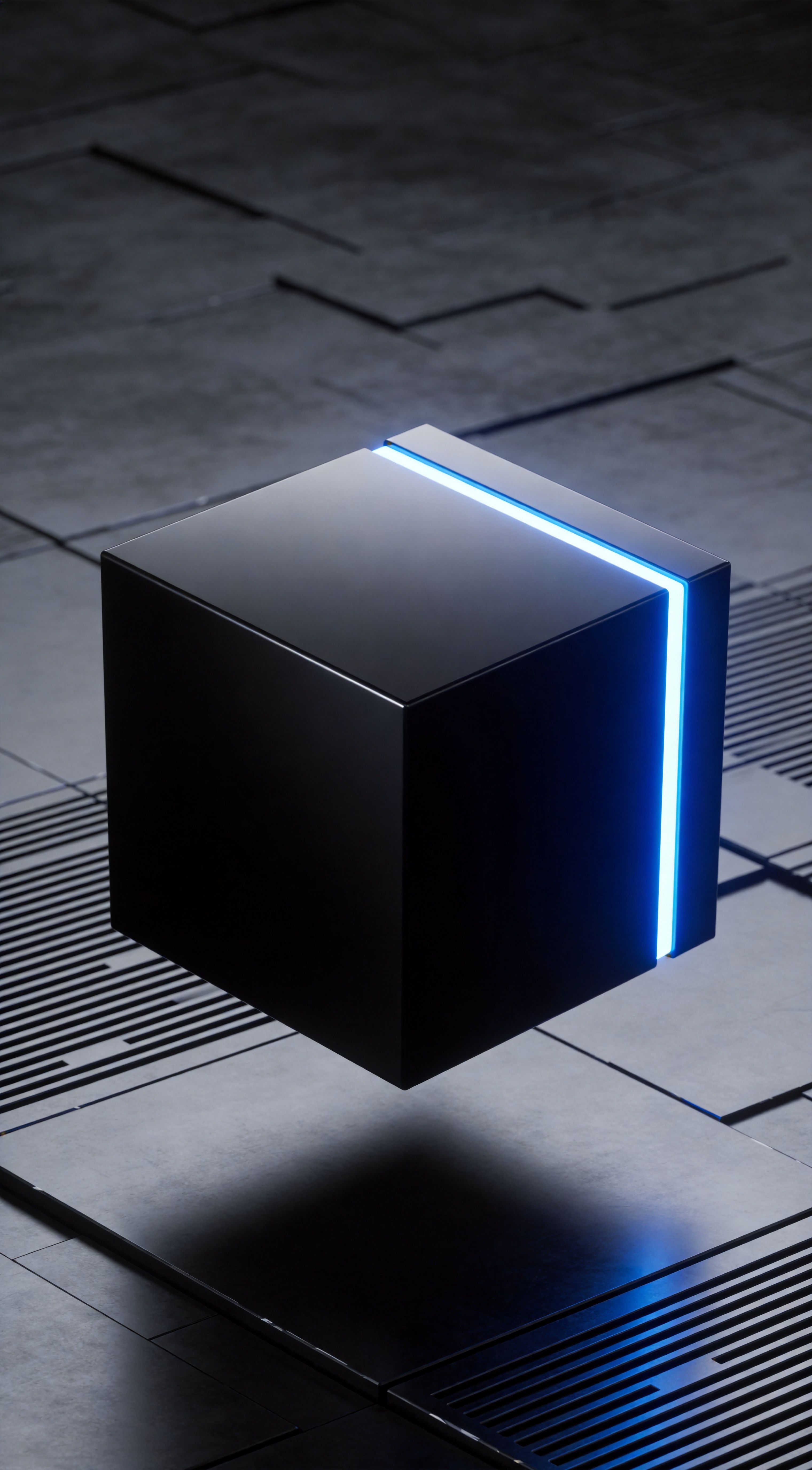 Floating Black Cube Blue Neon 4K Wallpaper