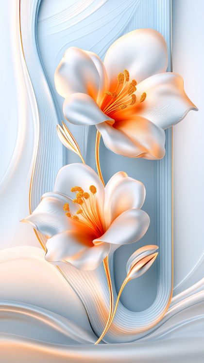 Golden White Bloom Elegant 3D Floral Mobile Wallpaper